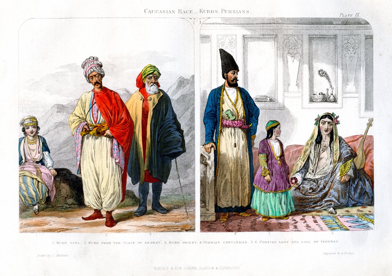 Kaukasialainen rotu, kurdit ja persialaiset, 1873. tekijältä A. Portier