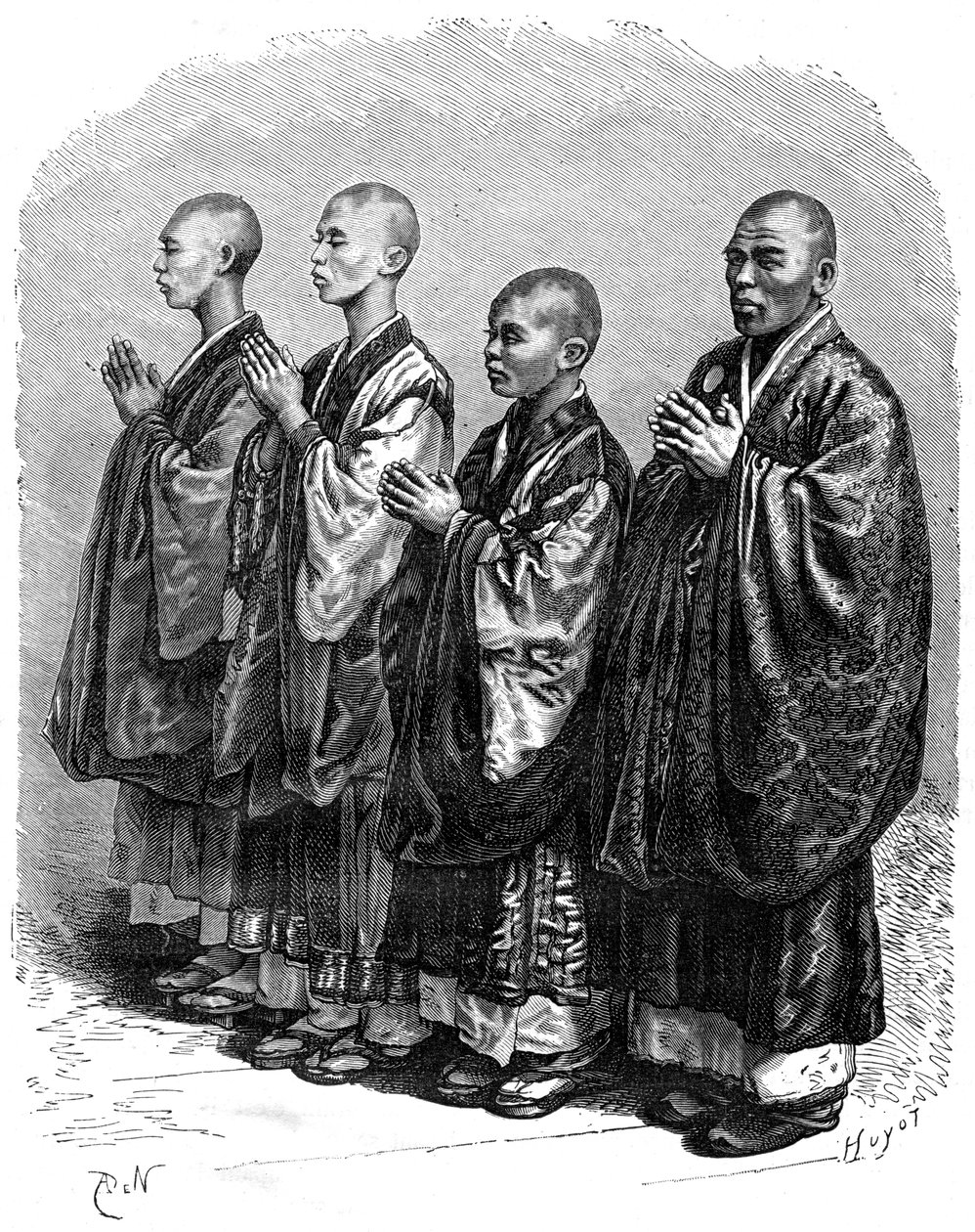 Buddhalaiset rukouksessa, Japani, 1800-luku. tekijältä A. de Neuville
