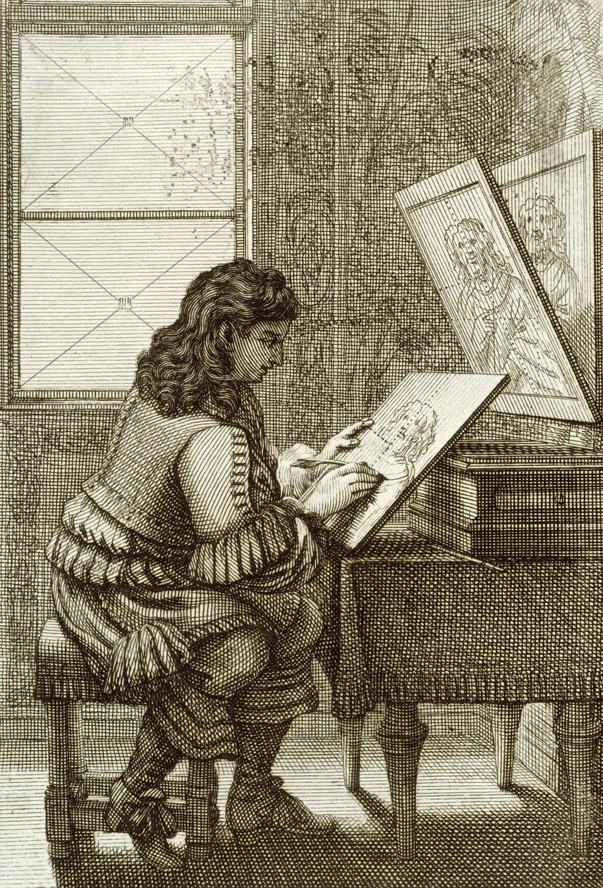 Taiteilija, joka kopioi kaiverruslevylle, painettu 1737 tekijältä Abraham Bosse