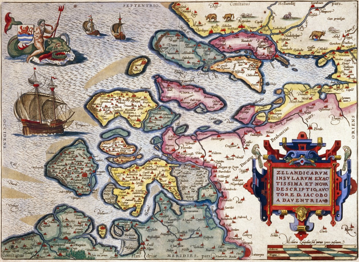 Zeelandin kartta, noin 1560 (käsin väritetty kaiverrus). tekijältä Abraham Ortelius