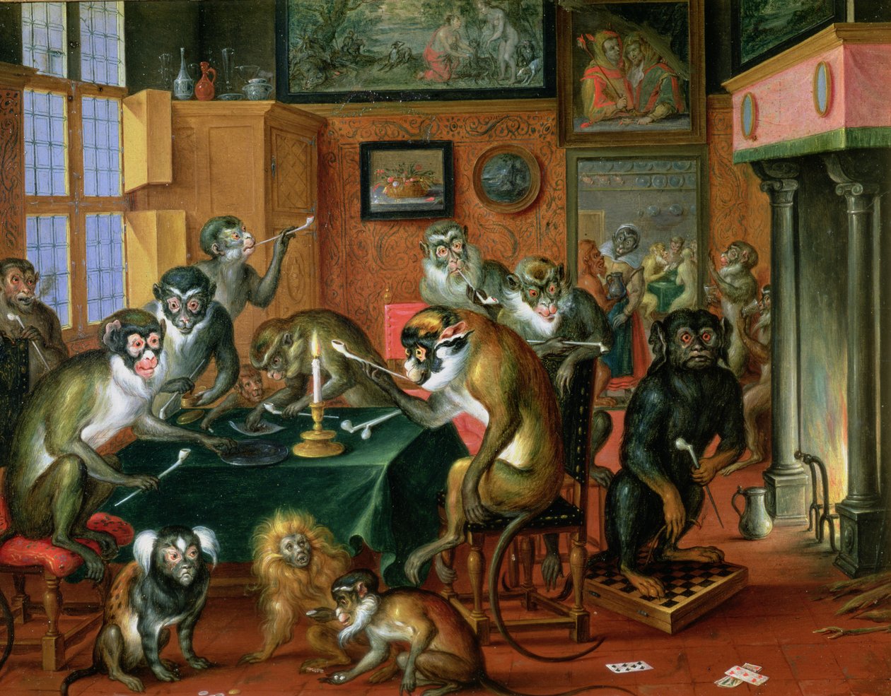 Tupakointihuone apinoilla (öljy kuparilla) tekijältä Abraham Teniers