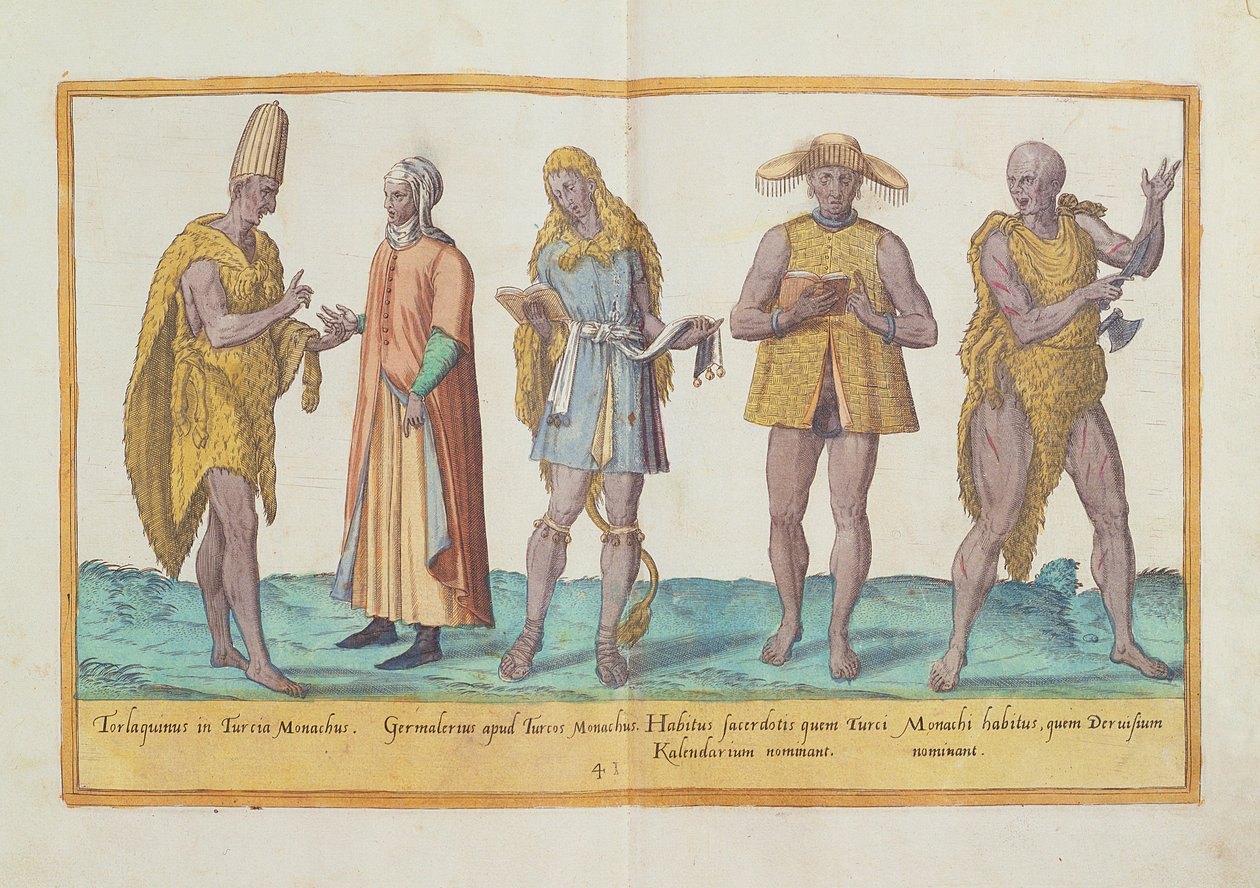 1500-luvun puvut "Omnium Poene Gentium Imaginesista", julkaistu Kölnissä, 1577 (käsinvärinen kaiverrus) tekijältä Abraham de Bruyn