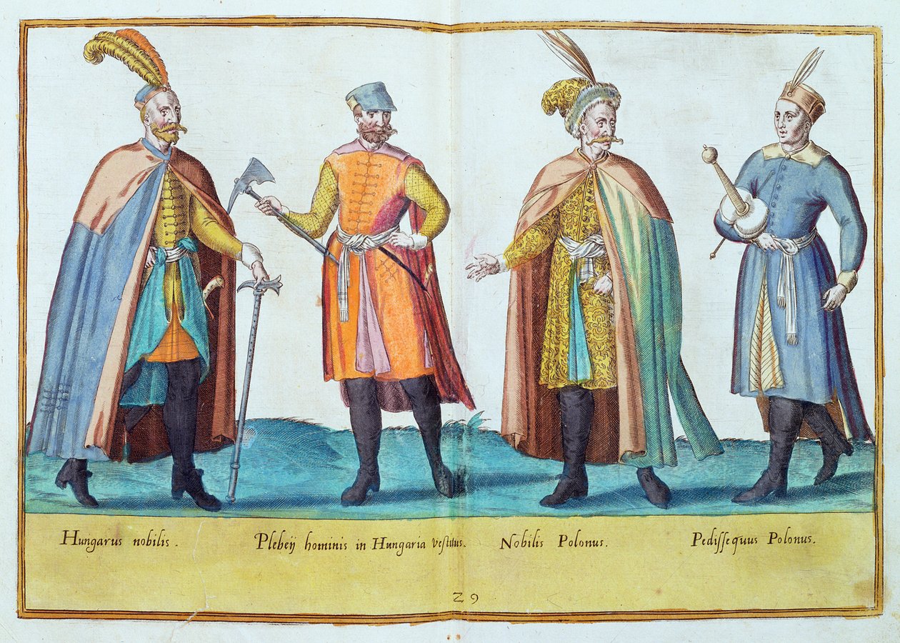 1500-luvun puvut teoksesta "Omnium Poene Gentium Imagines", julkaistu Kölnissä 1577 (käsin väritetty kaiverrus). tekijältä Abraham de Bruyn