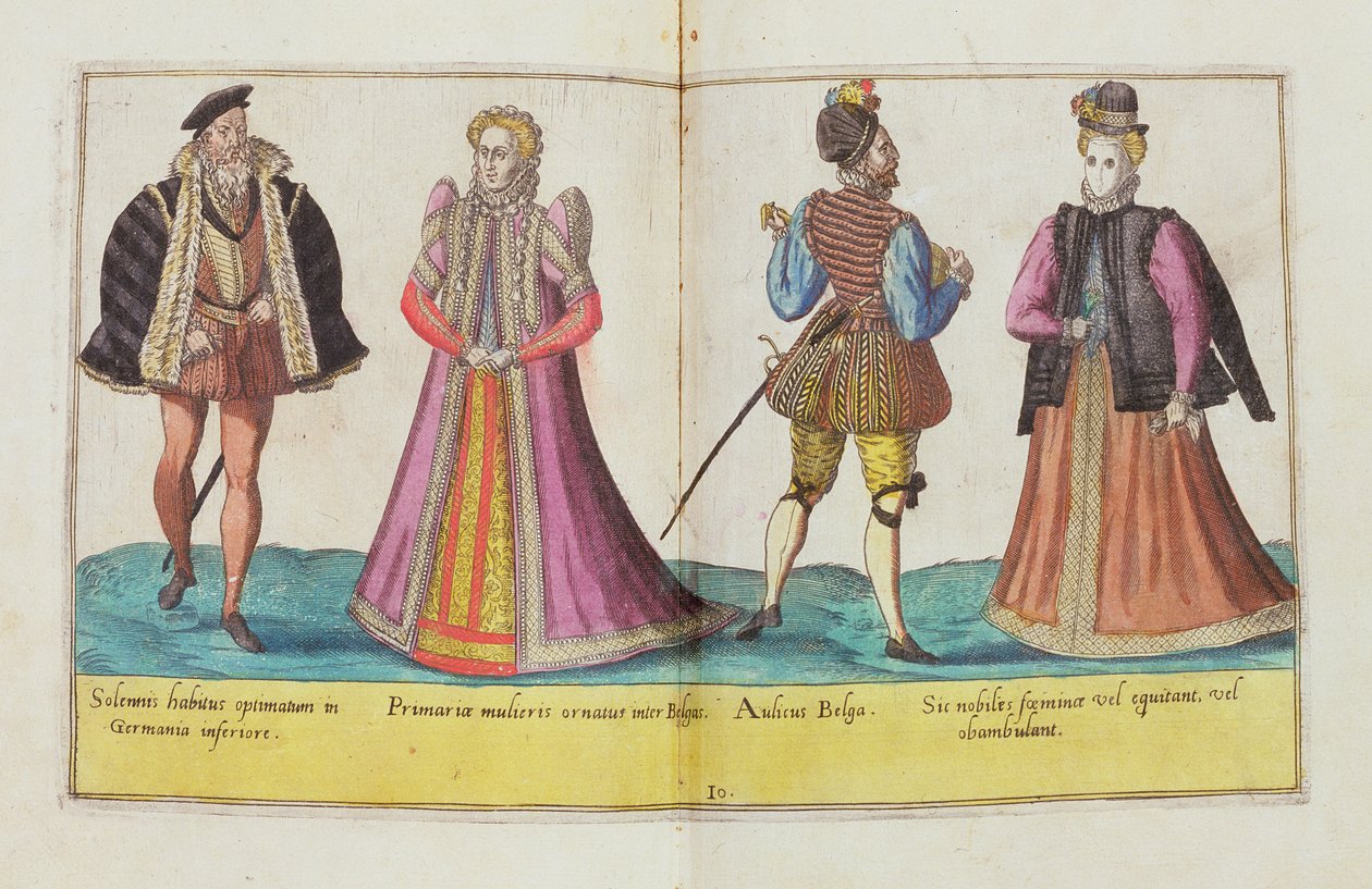 1500-luvun puvut teoksesta "Omnium Poene Gentium Imagines", julkaistu Kölnissä 1577 (käsin väritetty kaiverrus). tekijältä Abraham de Bruyn