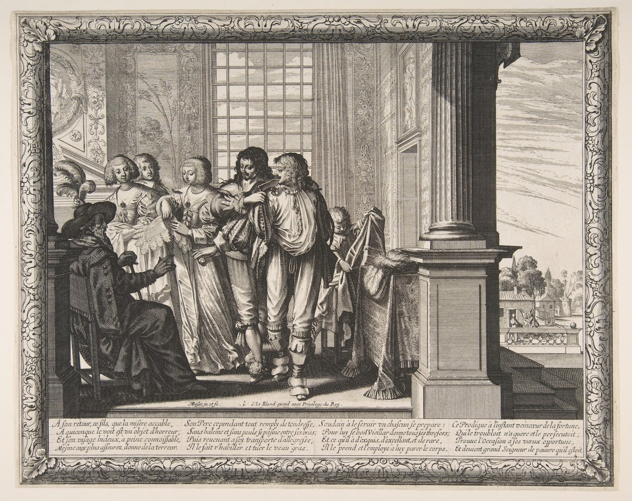 Tuhlaajapoika vaihtaa vaatteita, n. 1636. tekijältä Abraham Bosse