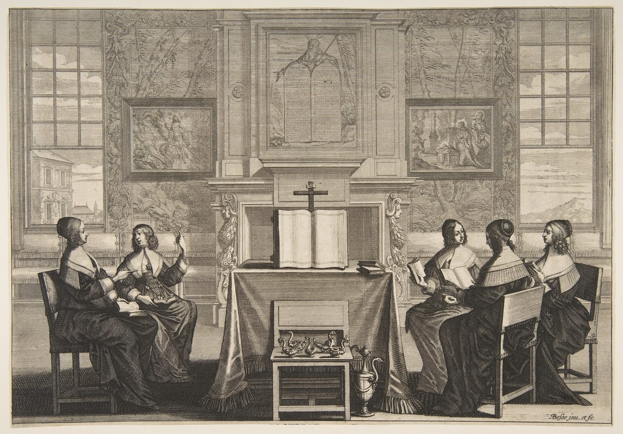 Viisaat neitsyet keskustelevat, n. 1635. tekijältä Abraham Bosse