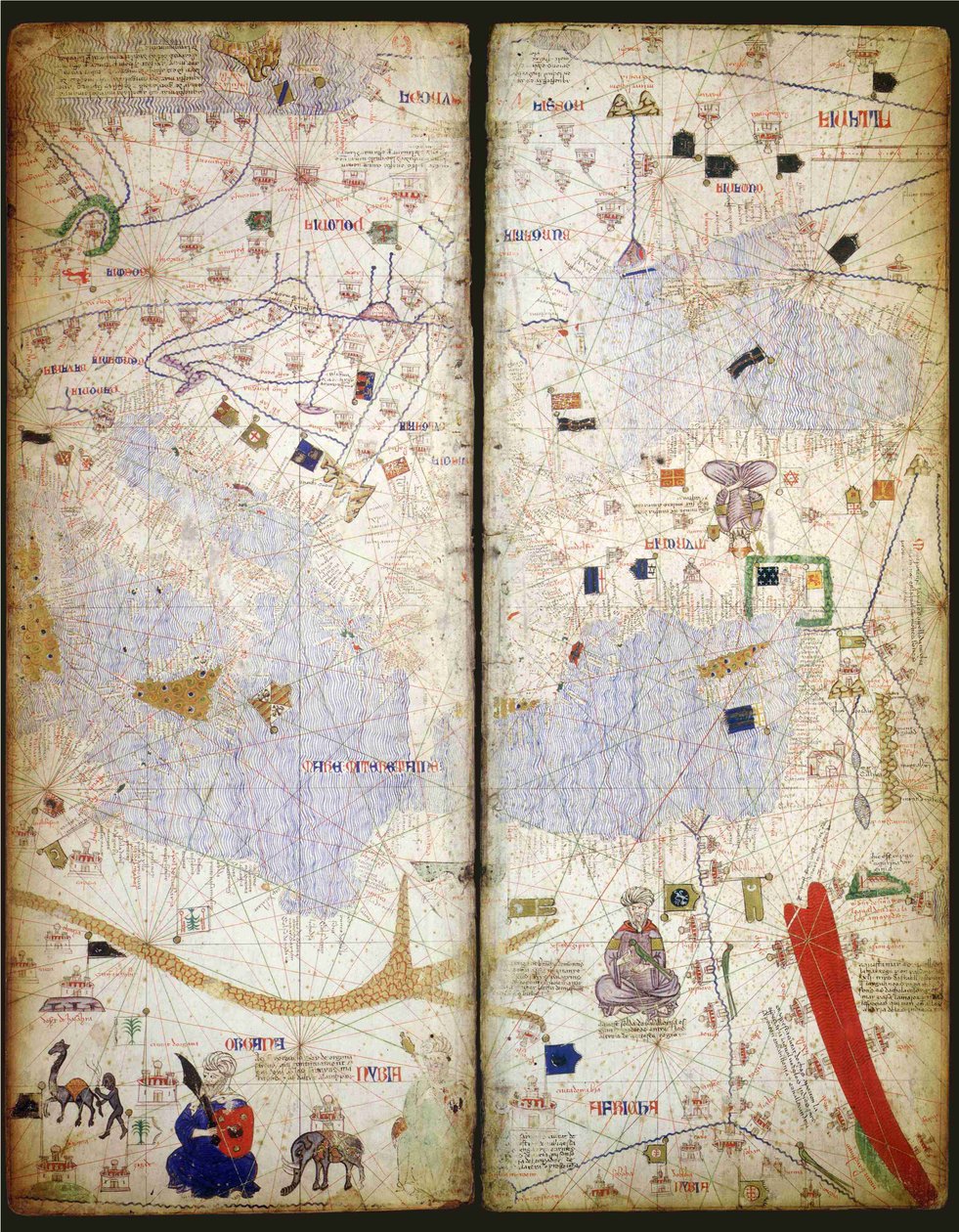 Katalonian atlas, arkit 7 ja 8, 1375 tekijältä Abraham Cresques