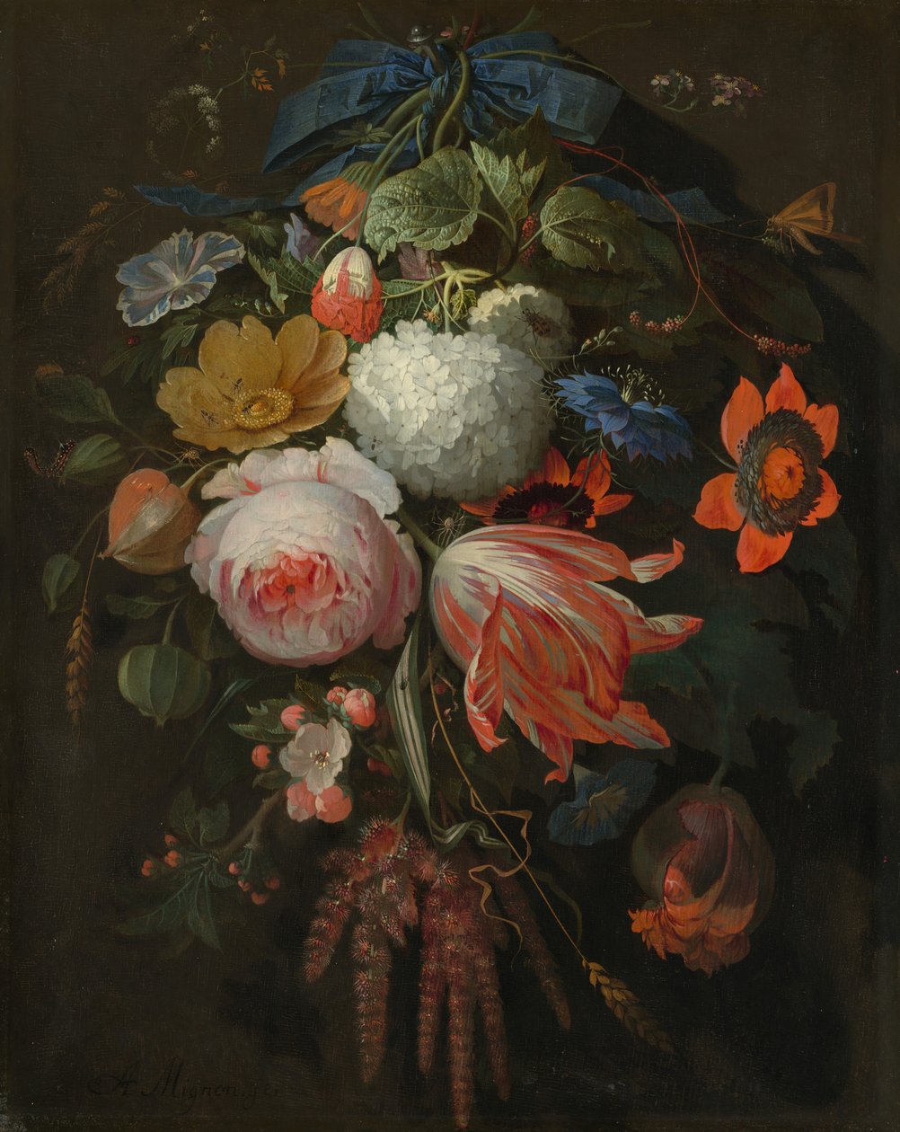 Riippuva kukkakimppu, luultavasti 16651670. tekijältä Abraham Mignon