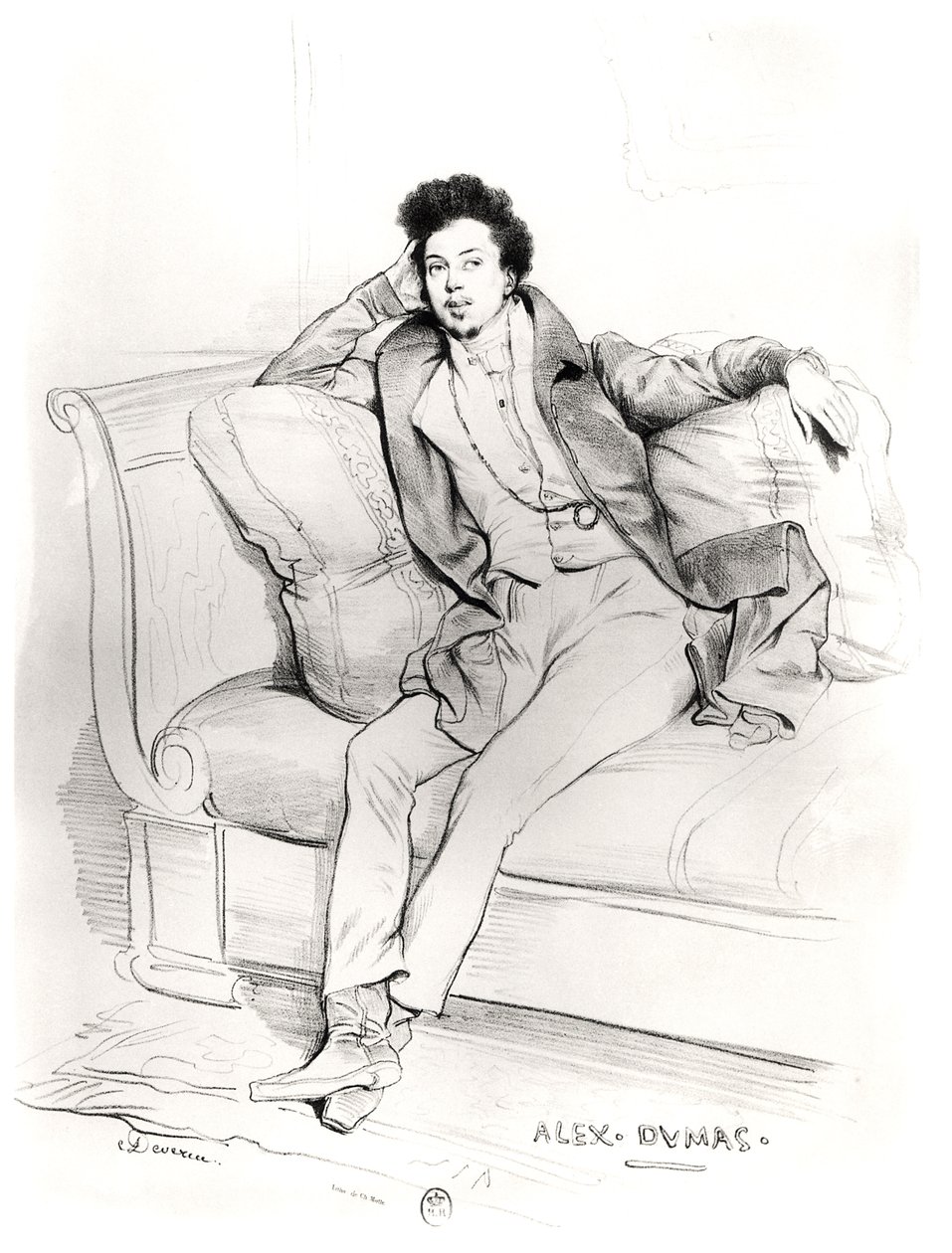 Alexandre Dumas Pere (1803-70), kaiverrus Charles Etienne Pierre Motte (1785-1836) tekijältä Achille Devéria