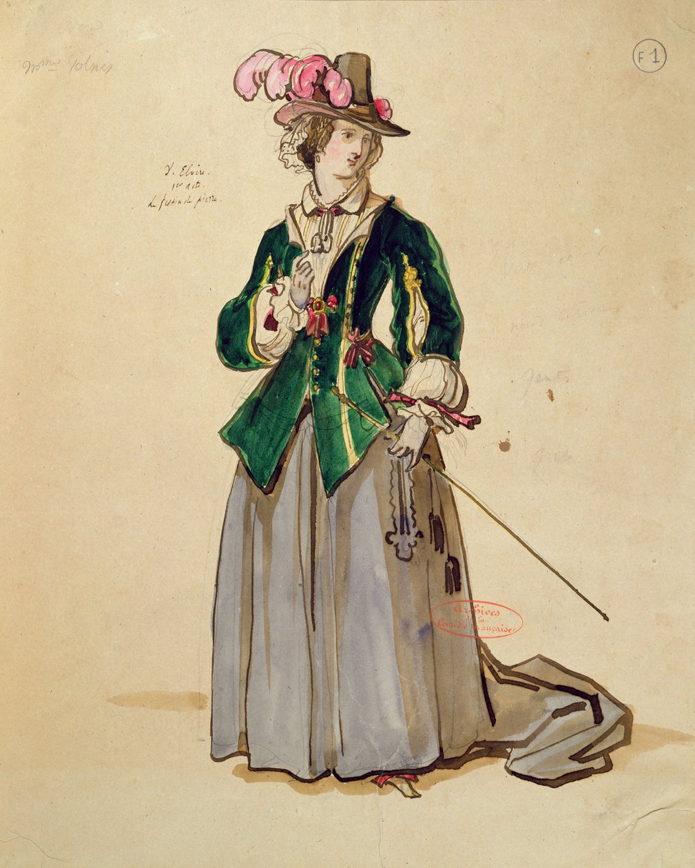 Dona Elviren pukusuunnitelma Molieren (1622-73) "Don Juanin" esitykseen Comedie Francaise -teatterissa vuonna 1847 (tussi ja tussi ja wc paperille). tekijältä Achille Devéria