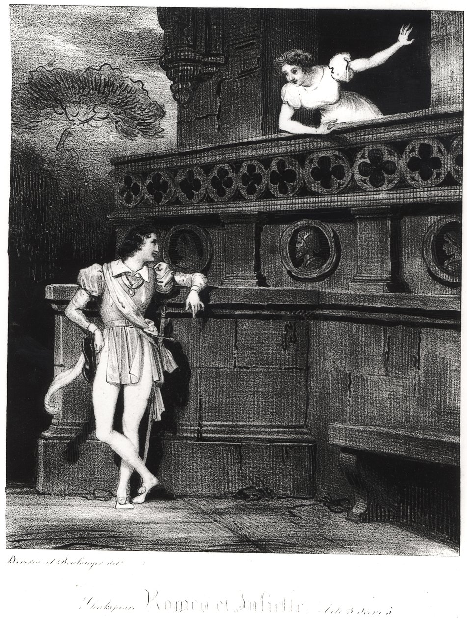 Kohtaus William Shakespearen (1564-1616) "Romeo ja Julia" III näytöksestä tekijältä Achille Devéria