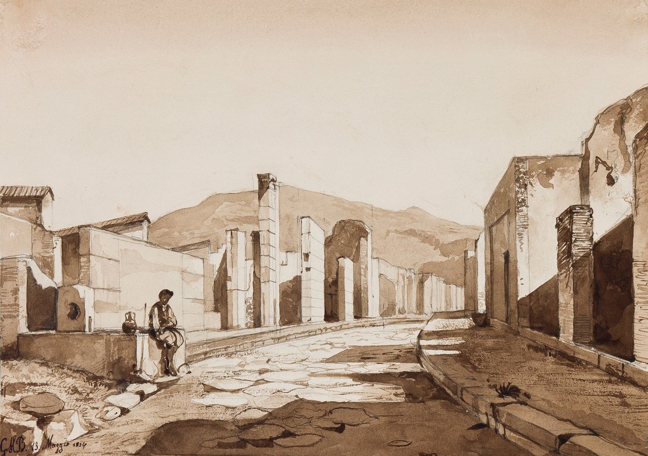 Pompeji, lisäyksin, jonka on tehnyt ruhtinas Gaetano Maria Federico di Borbone (1846-1871), 1854 (lyijykynä ja seepiapyyhkeet paperille). tekijältä Achille Vianelli