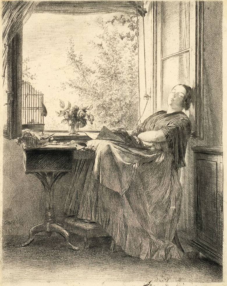 Die schlafende Näherin am Fenster tekijältä Adolph Menzel