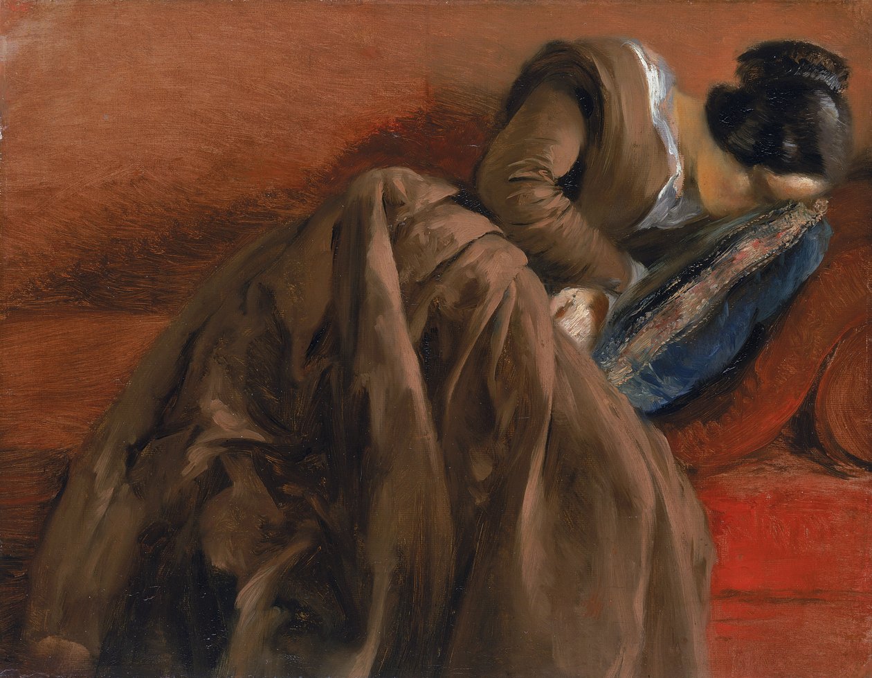 Emilie, taiteilijan sisar, unessa, n. 1848 (öljy paperille kankaalle) tekijältä Adolph Menzel