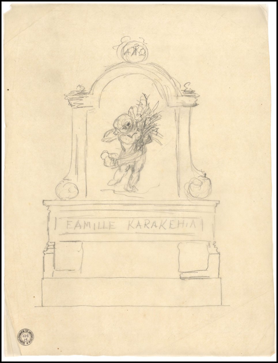 Luonnos Karakehian perheen haudasta Père Lachaise -hautausmaalla Pariisissa. tekijältä Adolphe Victor Geoffroy Dechaume