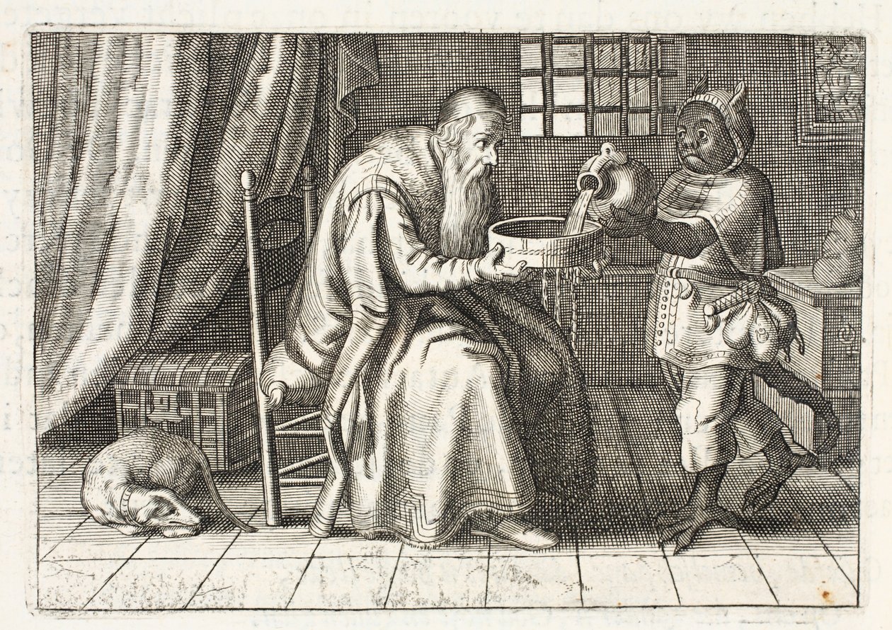 Rikas mies, kuvitus Johannes de Brunen (1589-1658), Jan Jacobs Schipperin teoksesta "Emblemata of Zinne-werk", Amsterdam, 1661 tekijältä Adriaen Pietersz van de Venne