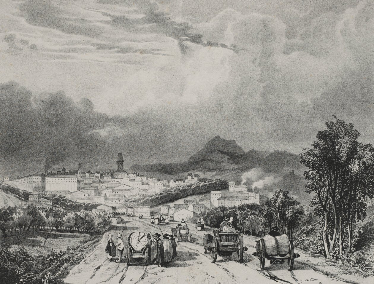 Yleiskuva Riomista, Auvergnesta, 1829. tekijältä Adrien Dauzats