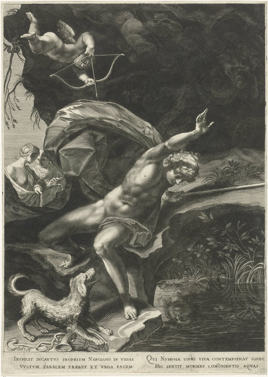 Narcissus kaivolla Hercules ja Cerberus tekijältä Egidius  Sadeler (II)