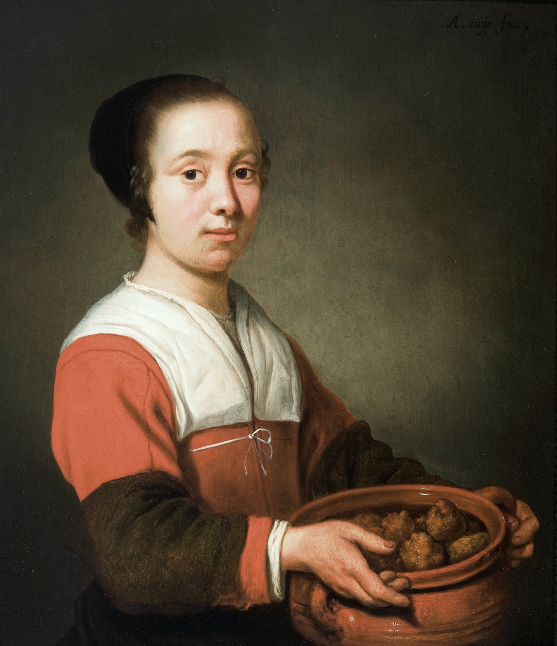 Jonge vrouw ja eokokpot vol oliebollen tekijältä Aelbert Cuyp
