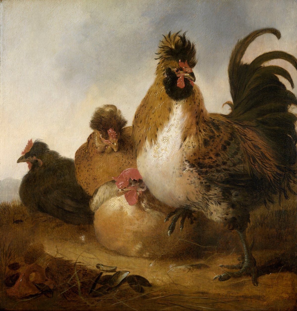 Kukko ja kanat (öljy paneelissa) tekijältä Aelbert Cuyp