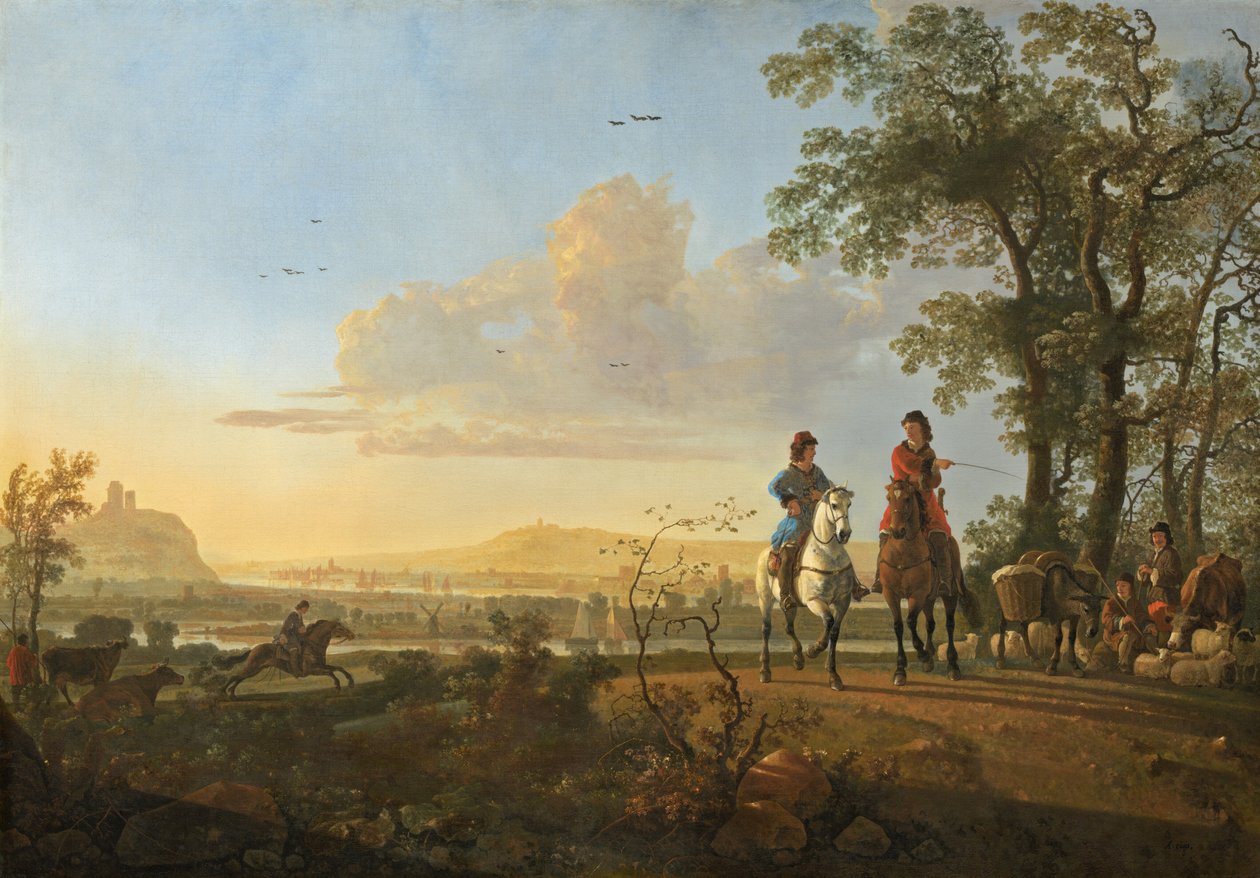 Ratsumiehet ja paimenet karjan kanssa tekijältä Aelbert Cuyp