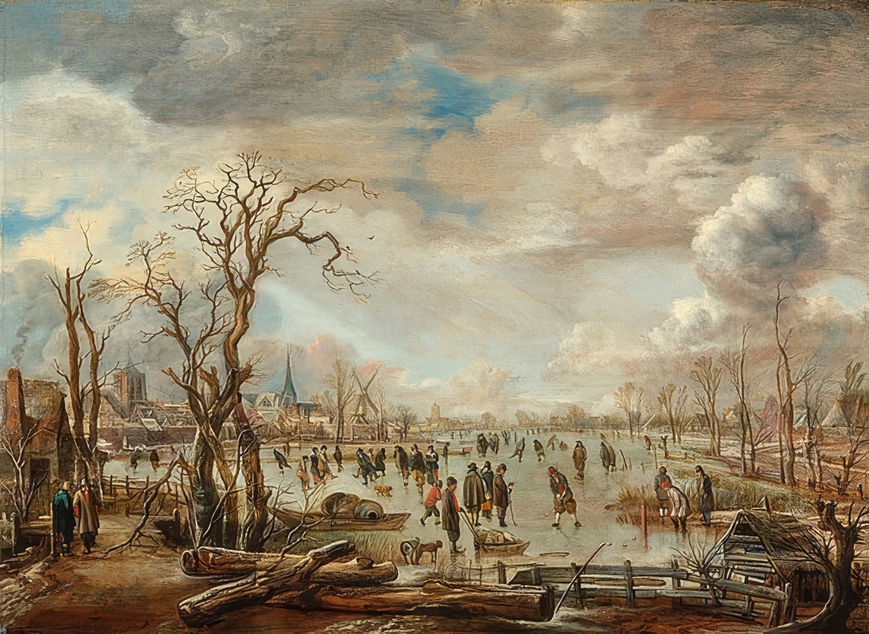 Talvimaisema jäänautinnon kera. Noin 1655 tekijältä Aert van der Neer