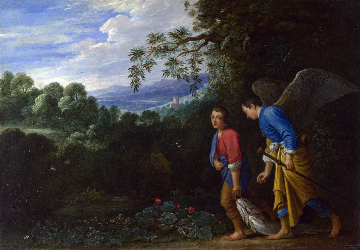 Tobias ja arkkienkeli Rafael palaavat Kalan kanssa tekijältä After Adam Elsheimer
