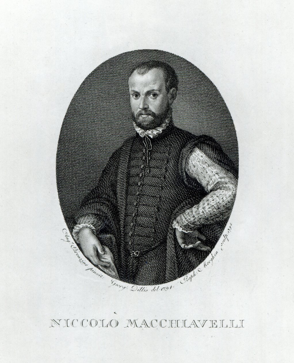 Niccolo Machiavellin (1469-1527) muotokuva, Rafaello Morganin (1758-1833) kaivertama vuonna 1795 tekijältä Agnolo Bronzino