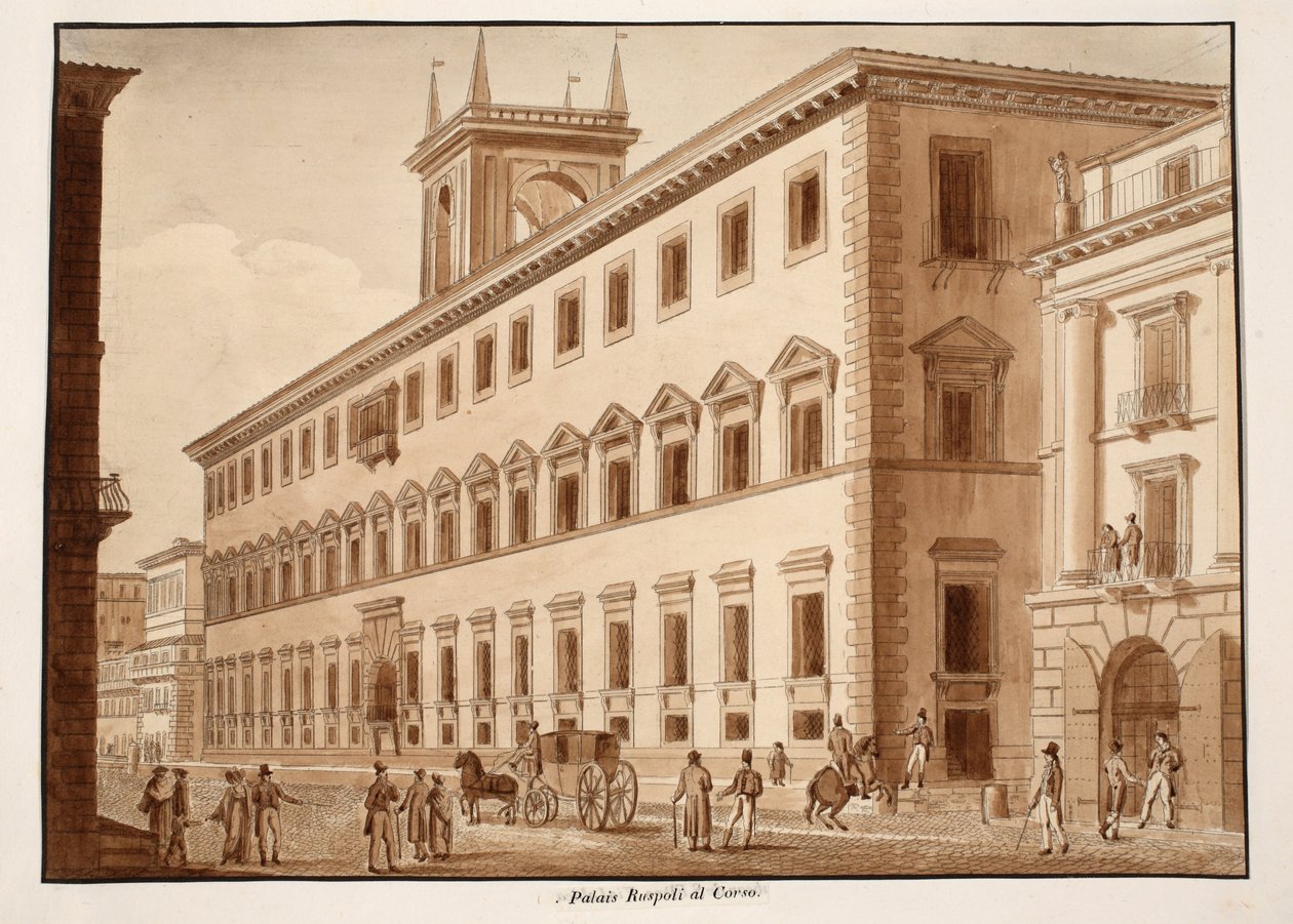 Palazzo Ruspoli al Corso, 1833 (etsaus ja ruskea pesu) tekijältä Agostino Tofanelli