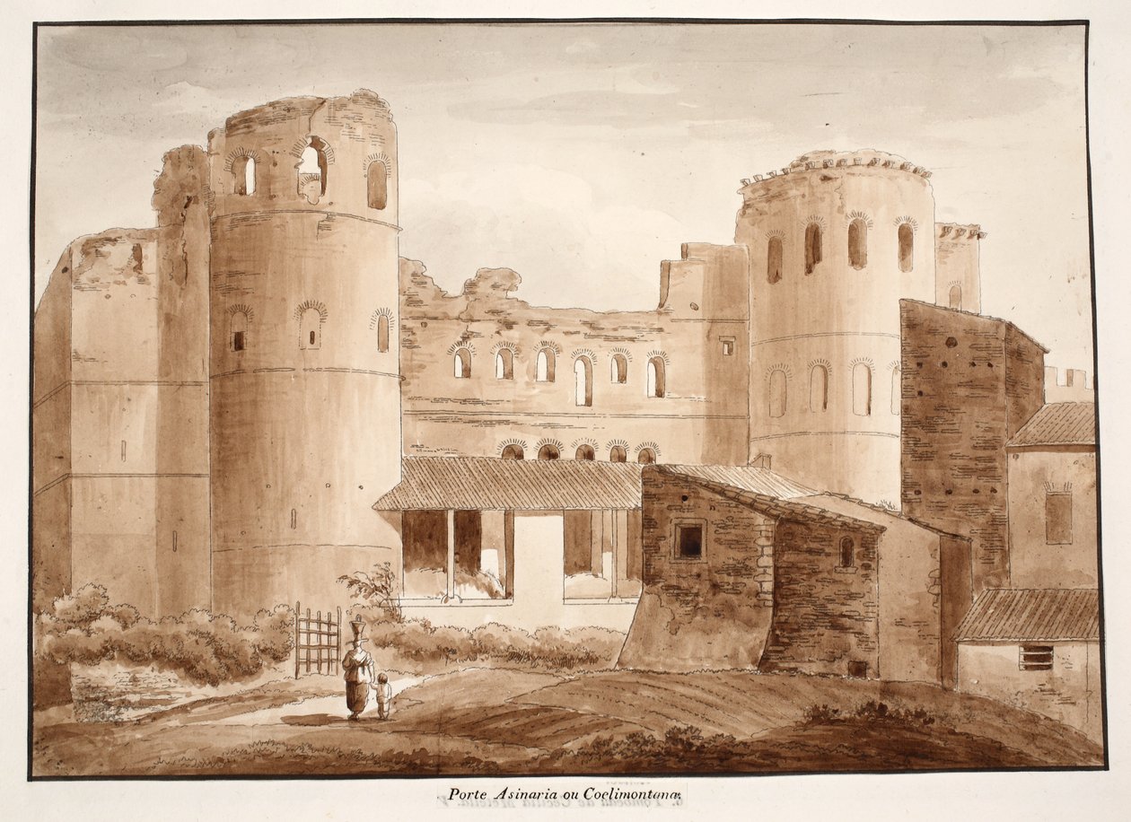 Porta Asinaria tai Coelimontana, 1833 (etsaus ja ruskea pesu) tekijältä Agostino Tofanelli