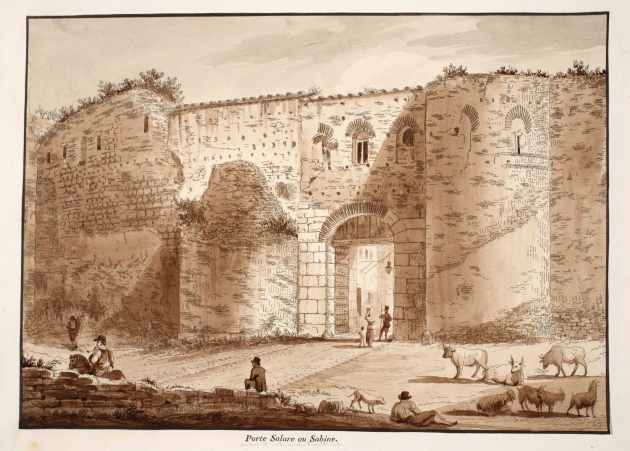Porta Salaria eli Saabin portti, 1833 (etsaus ja ruskea pesu) tekijältä Agostino Tofanelli