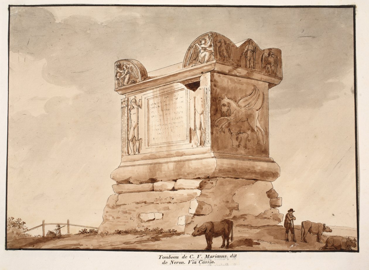 C.V. Marianuksen hauta, joka tunnetaan myös nimellä Neron hauta. Via Cassia, 1833 (etsaus ja ruskea pesu). tekijältä Agostino Tofanelli