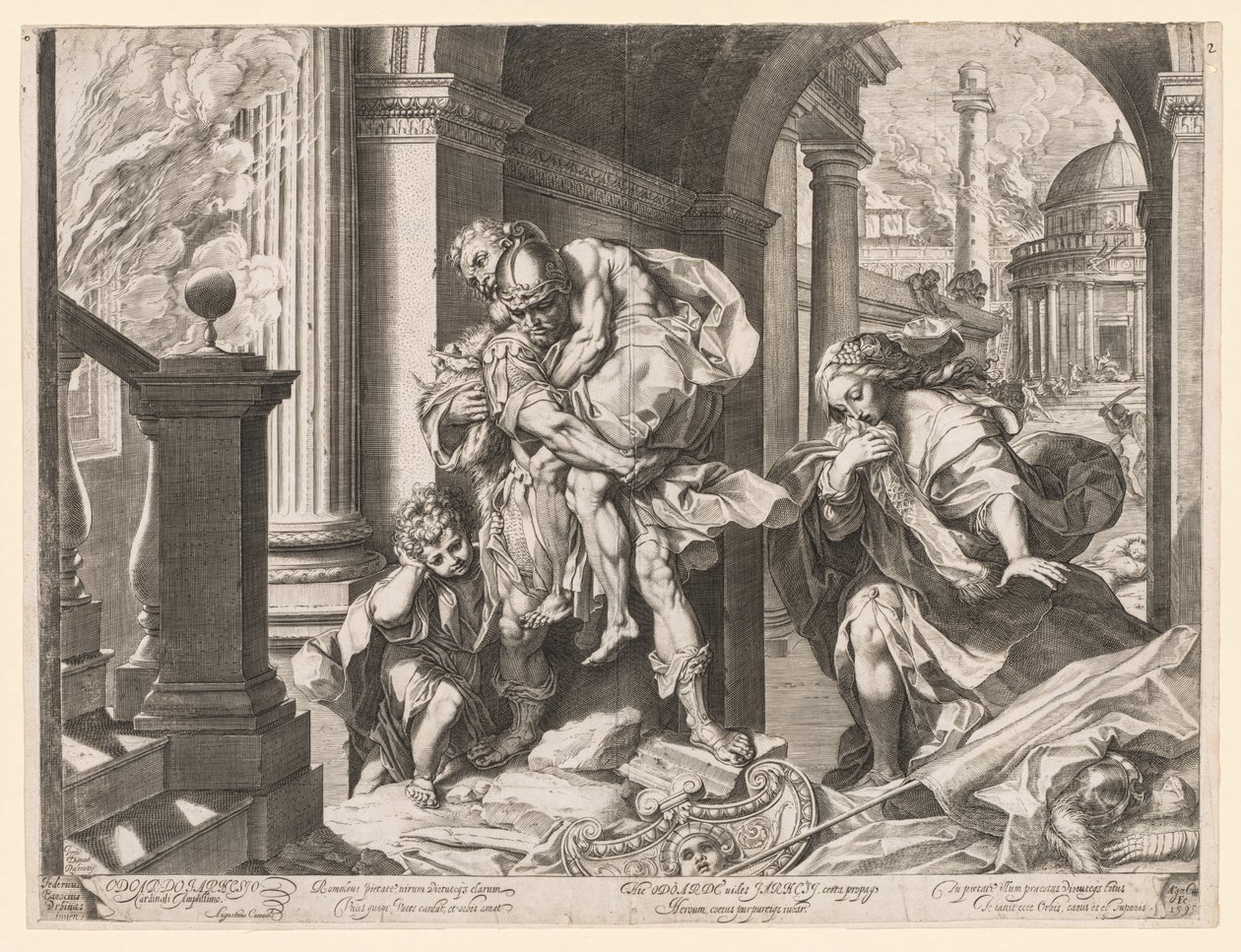 Aeneas ja hänen perheensä pakenemassa Troijasta, 1595. tekijältä Agostino Carracci
