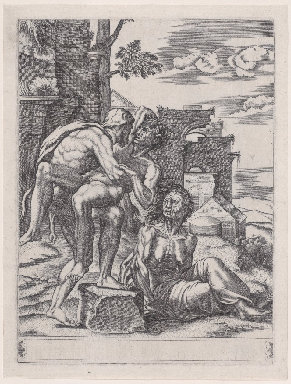 Hercules ja Antaeus, päivätty 1533, päivätty 1533. tekijältä Agostino Veneziano
