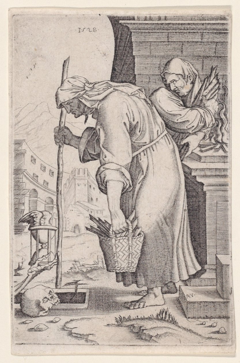 Vanha nainen lähestyy hautaa, päivätty 1528. tekijältä Agostino Veneziano
