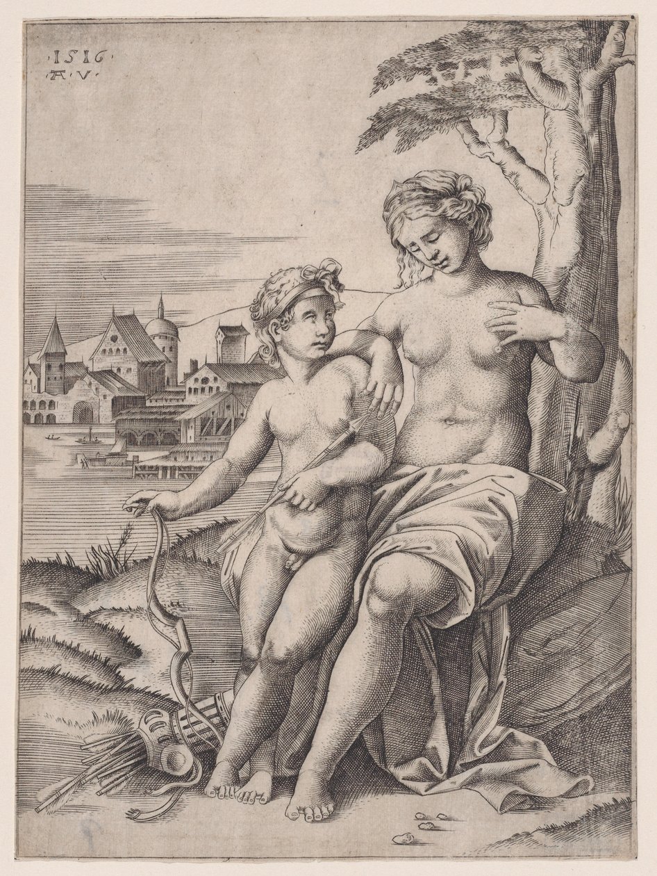Venus ja Eros, päivätty 1516. tekijältä Agostino Veneziano