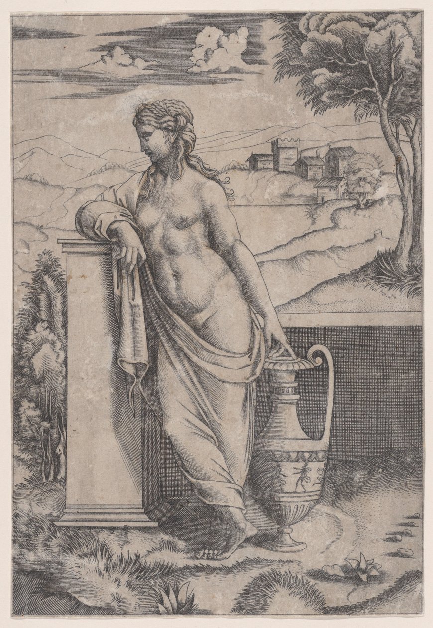 Nainen seisoo lähellä maljakkoa, n. 1514-36. tekijältä Agostino Veneziano
