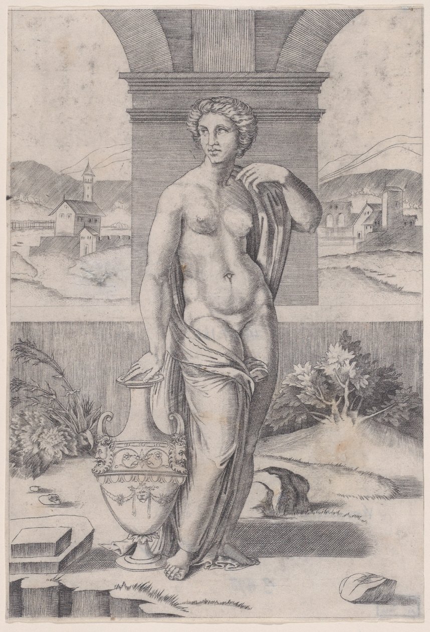 Nainen seisoo lähellä maljakkoa, n. 1514-36. tekijältä Agostino Veneziano