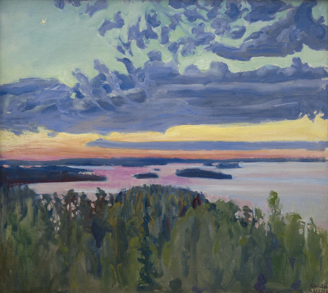 Auringonlasku järven yli. tekijältä Akseli Gallen Kallela