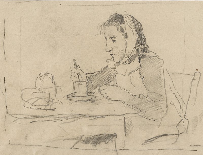 Am Tisch sitzendes Mädchen mit Tasse tekijältä Albert Anker