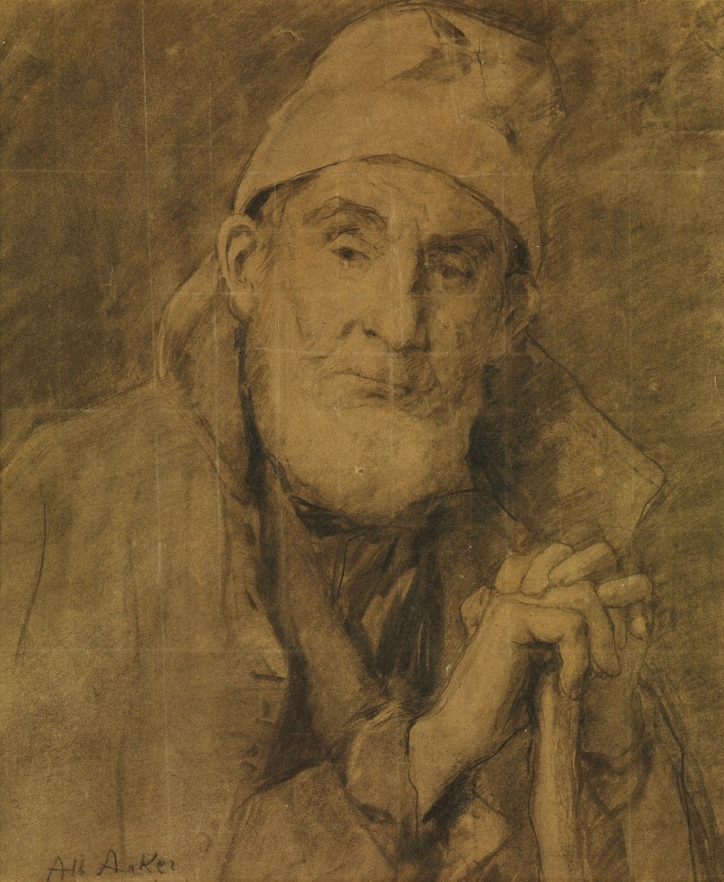 Der alte Feissli mit Stock und Mütze tekijältä Albert Anker
