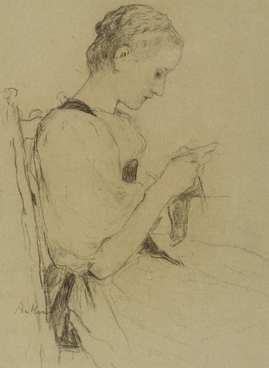 Sitzendes Mädchen beim Stricken tekijältä Albert Anker