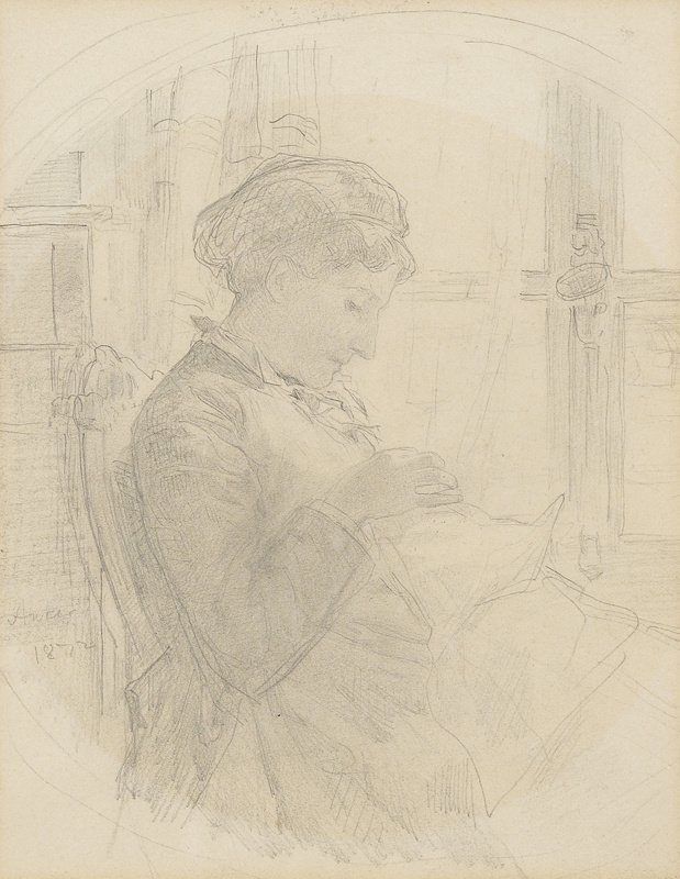 Strickende Frau vor einem Fenster tekijältä Albert Anker