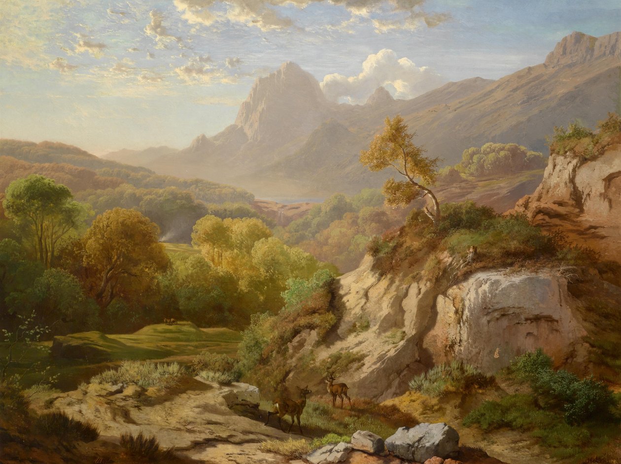 Rotwild in einer weiten Gebirgslandschaft tekijältä Albert August Zimmermann