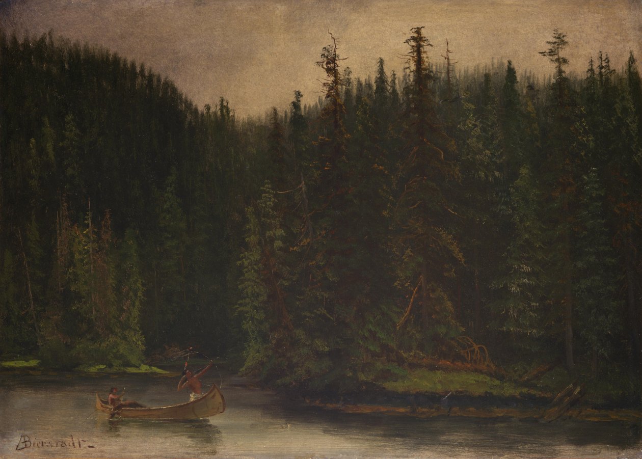 Intian metsästäjät kanootissa tekijältä Albert Bierstadt