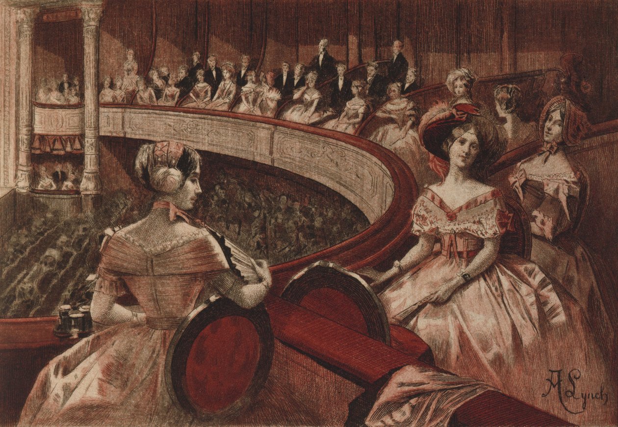 Teatterissa "Echos du Bon Ton", kuvitus Octave Uzannen (1851-1931) teoksesta "La Francaise du siecle: tavat, tavat, käyttötavat", kaiverrus Eugene Gaujean (1850-1900) 1886 (värikaiverrus) tekijältä Albert Lynch