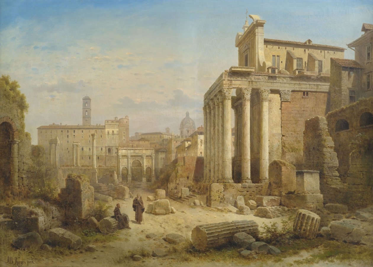 Blick auf das Forum Romanum mit dem Septimius-Severus-Bogen und dem Tempel der Faustina und des Antonius Pius. tekijältä Albert Rieger
