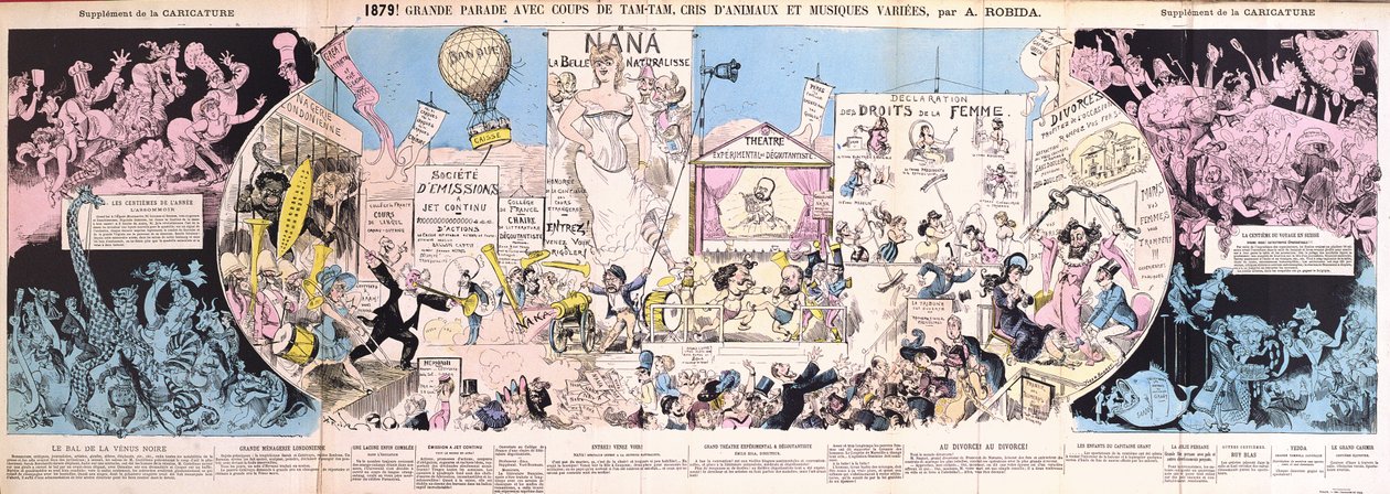 "Grande Parade", taitettava sarjakuva "La Caricaturesta", 1880 tekijältä Albert Robida