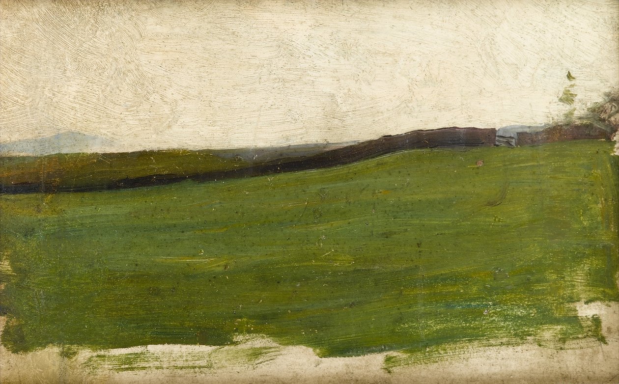 Maisema vihreällä niityllä ja aidatulla seinällä, n. 1900 (öljy rathbone-valmistettu taiteilijapaneeli) tekijältä Albert de Belleroche
