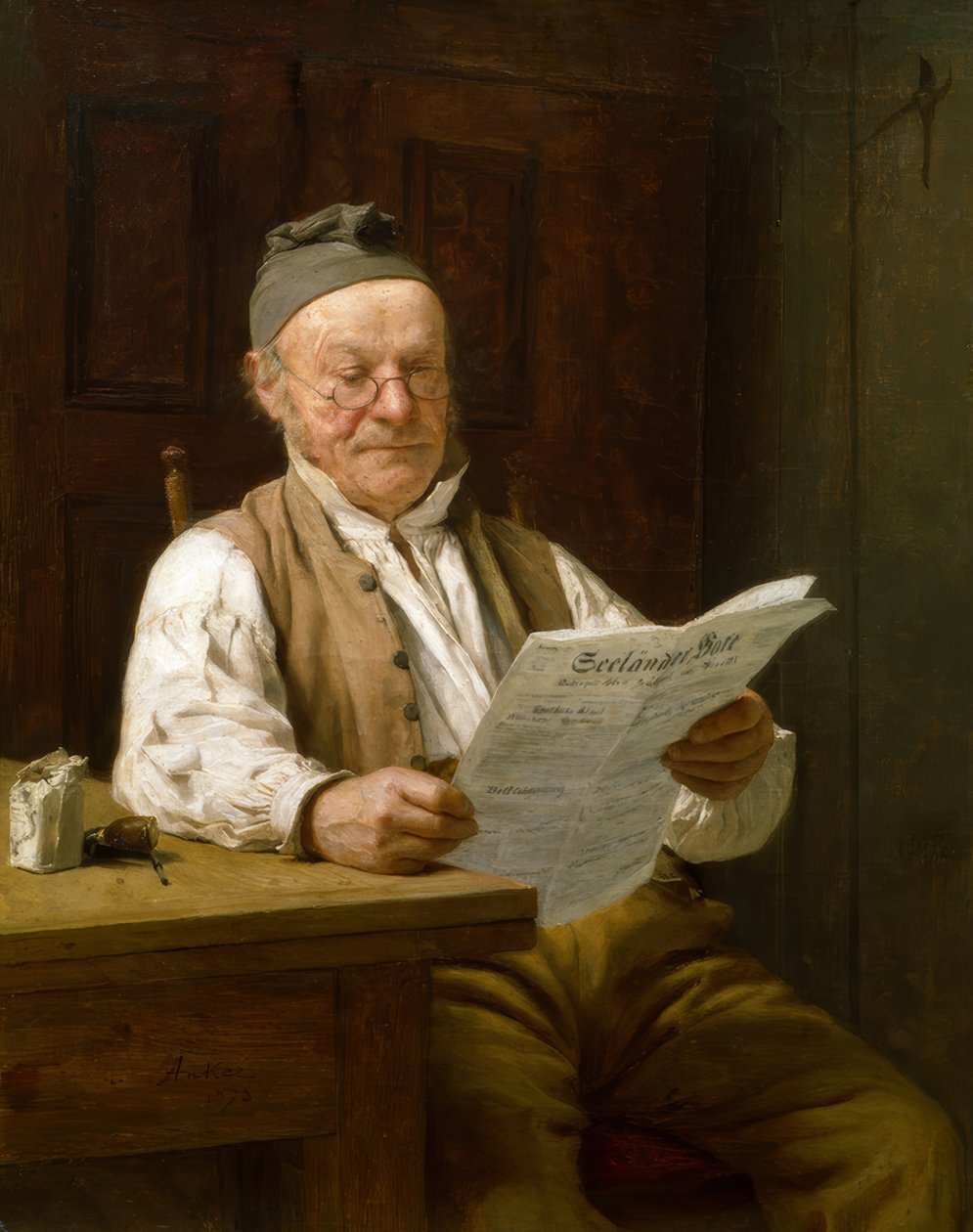 Bernin maanviljelijä lukemassa sanomalehteä tekijältä Albert Anker